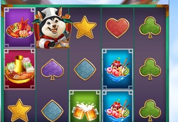 Chef Husky reels with food and card-suit symbols
