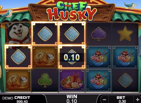 A three-symbol win paying 0.10 on the Chef Husky reels